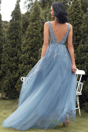 A-Line Long Blue Ball Dress with Appliques